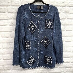 Vtg Erika Women's Christmas Sweater 1X Blue Snowflake Button Up Holiday Cardigan